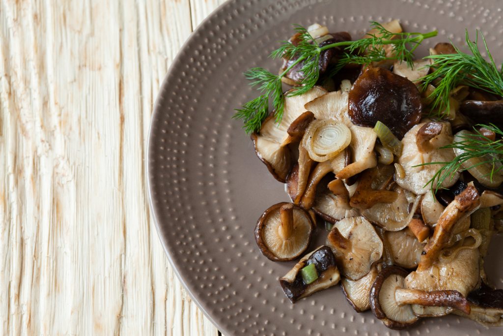 side dish of fried shiitake mushrooms, food close up