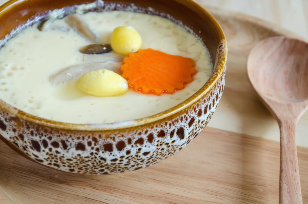 close up Steamed eggs Custards on a wood